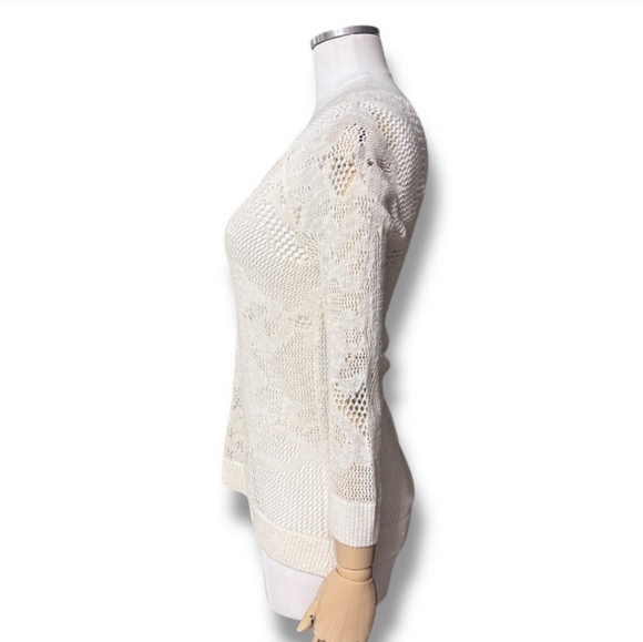 AMERICAN EAGLE OUTFITTERS Cream Scoop Neck Cotton Open Lace Knit Henley - Picture 4 of 5